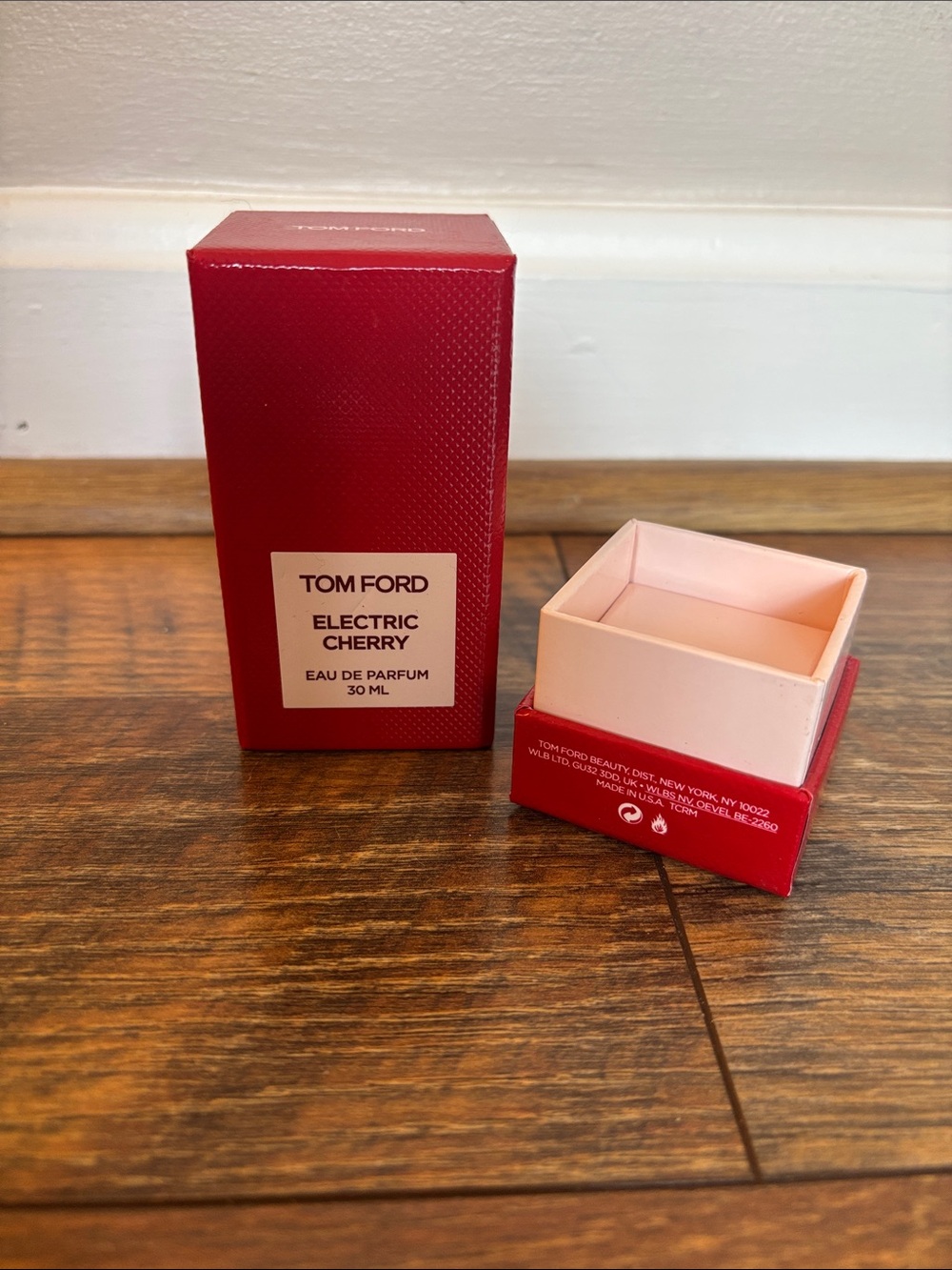 Empty Tom Ford Electric Cherry Red and Pale Pink Gift Box